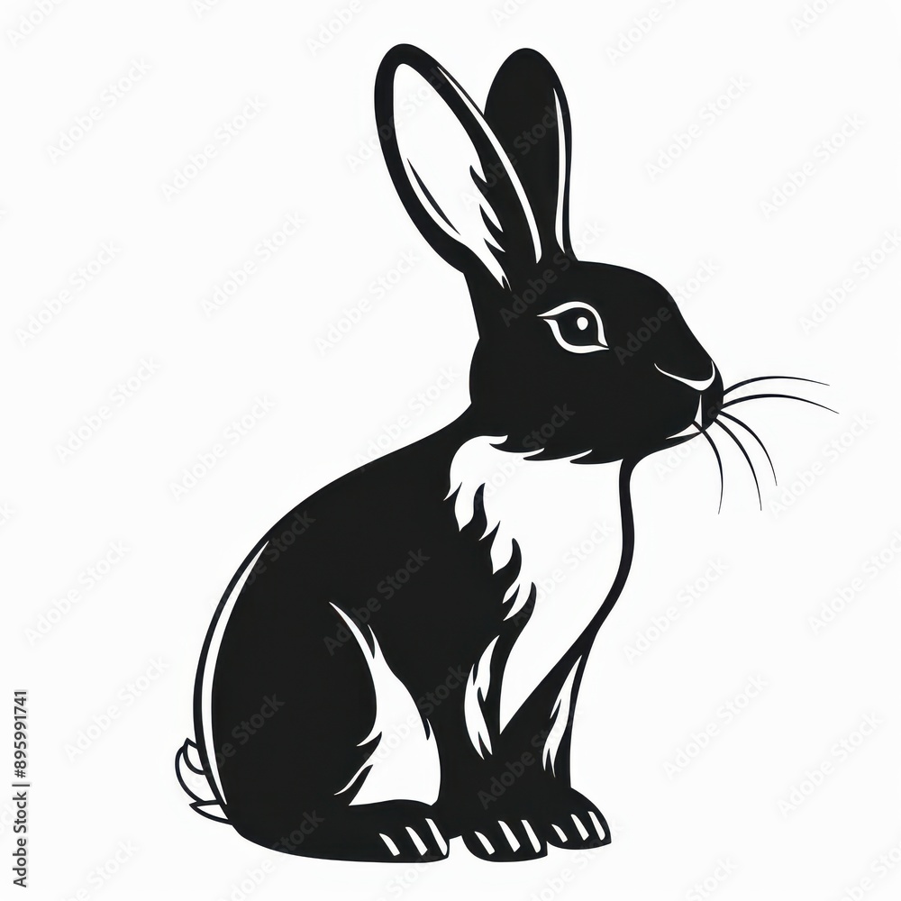 Fototapeta premium Black and white flat vector art of a rabbit, svg style, isolated on white background, simple vector art design