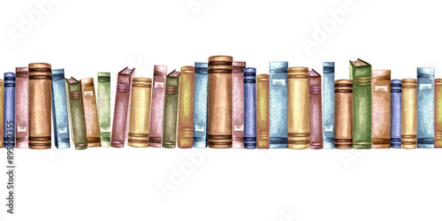 Books in vintage bindings lined on wooden shelf. Seamless border with old textbooks. Hand drawn watercolor illustration isolated. Knowledge for all. Template endlees background for wallpaper, covers.