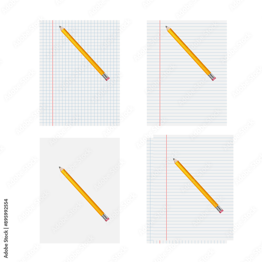 Set of realistic blank sheets of squared and ruled paper. with a pencil to write. Notes. Vector illustration Set of realistic blank sheets of squared and ruled paper. with a pencil to write. Notes. Vector illustration