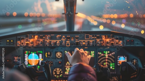 Pilot is controlling an airplane at night with city lights out of the cockpit window. photo