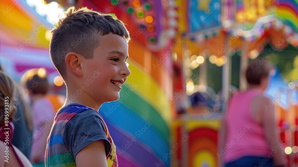 A boy is smiling and wearing a rainbow shirt A boy is smiling and wearing a rainbow shirt