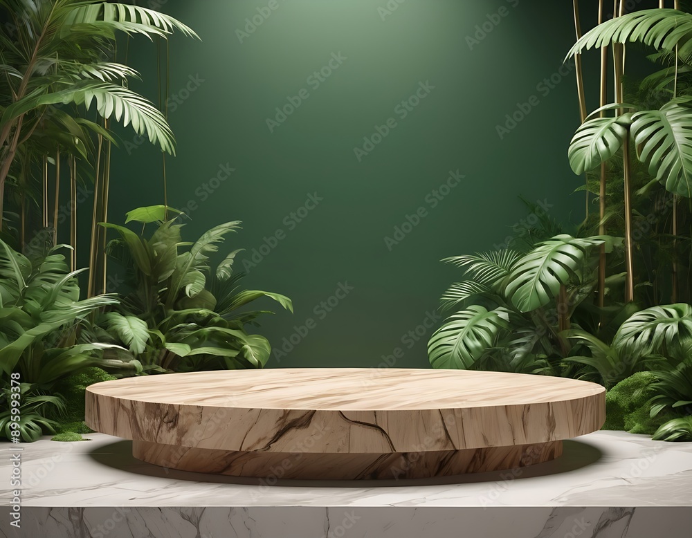 Background podium jungle product platform 3D green wood display pedestal. Background podium jungle tree nature leaf tropical cosmetic summer forest plant garden stage water presentation stone table