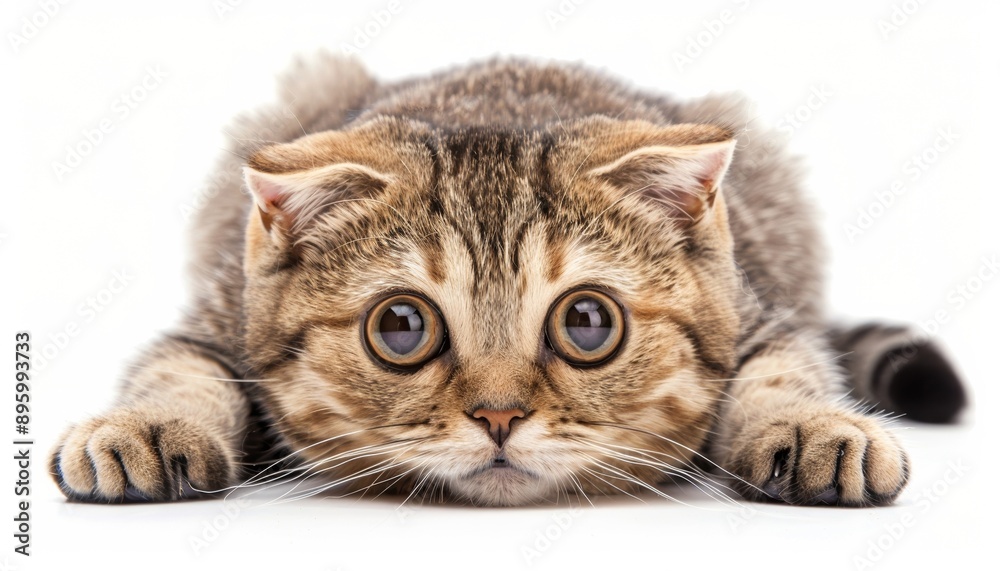 Obraz premium Funny Surprised Young Cat with Big Eyes Close-Up, Isolated on White Background, Scottish Fold Breed