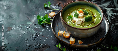 Copy space image of broccoli soup in a ceramic bowl with cream, bread croutons, on a dark backdrop.