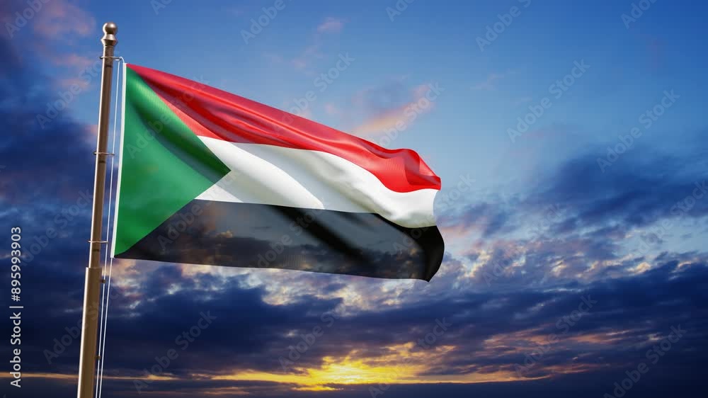 Sudan flag waving in the wind against the sunset