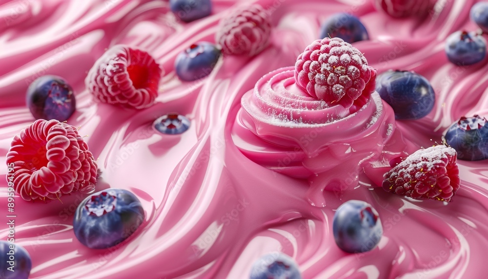 Close-Up View of Fresh Raspberries and Blueberries in Swirled Pink Ice Cream Delight, Tempting Dessert Close-Up View of Fresh Raspberries and Blueberries in Swirled Pink Ice Cream Delight, Tempting Dessert