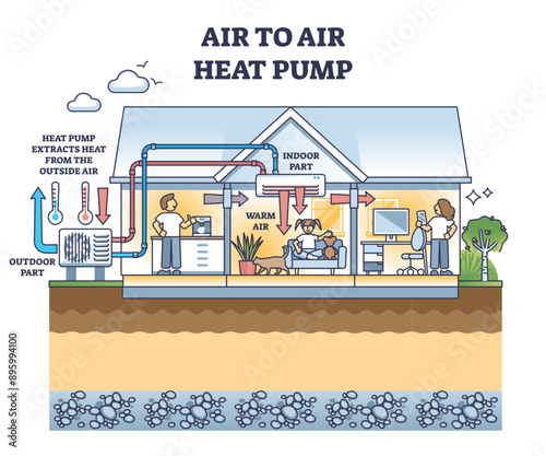 Air to air heat pump and system for house thermal heating outline diagram, transparent background. Labeled educational scheme with outdoor and indoor home part of pipeline illustration.