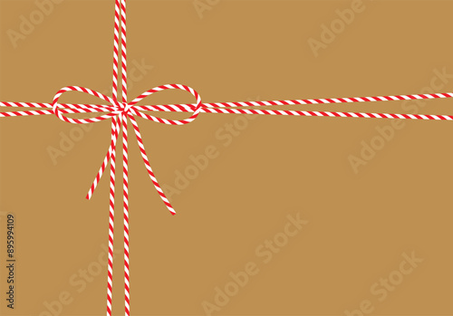 Abstract craft background, gift tied up with cotton red rope bakers twine bow and ribbons. Packing string for decoration, present, pastry boxes for New Year, Christmas. Vector EPS10