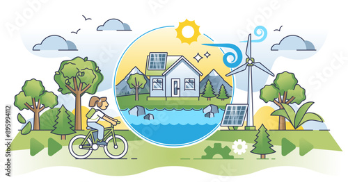 Clean energy community ecosystem with renewable electricity outline concept, transparent background.