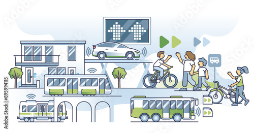 Future of transportation with green energy in modern society outline concept, transparent background. Environmental infrastructure and sustainable public transportation.