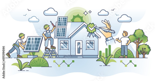 Eco friendly home transition as solar panels electrification outline concept, transparent background. Green and sustainable building transformation.