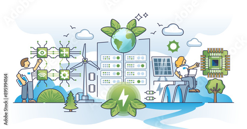 Future of green computing and recyclable hardware materials outline concept, transparent background. Environmental and nature friendly IT chips.