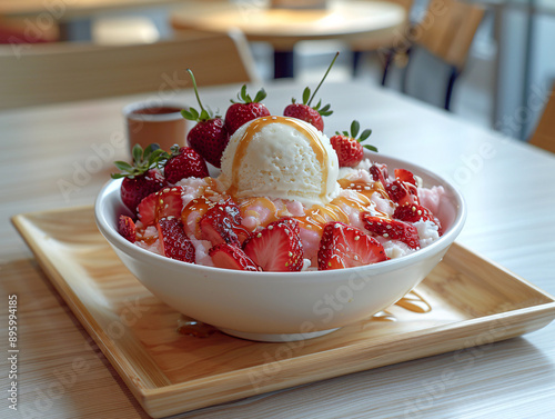 a bowl of fruit topped with a scoop of strawberry ice cream, placed on a wooden tray. photo