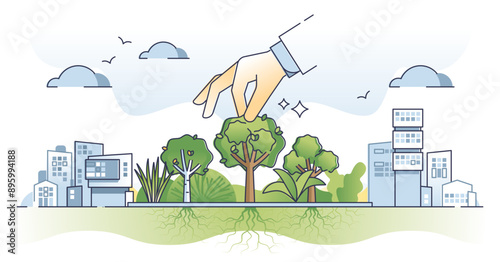 Green spaces in urban environment with tree city park area outline concept, transparent background. Nature friendly vegetation in ecological and modern town for fresh air illustration.