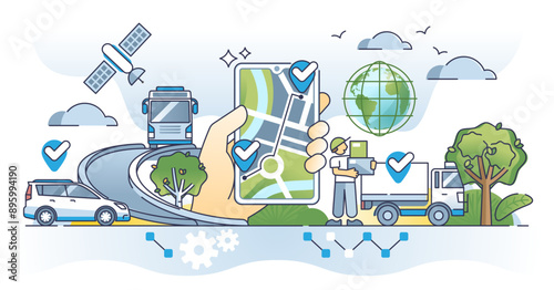 GPS tracking devices for satellite signal location detection outline concept, transparent background. Global positioning system for shipment tracking and courier route for delivery illustration.