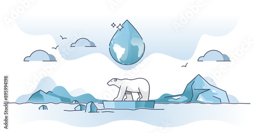 Effects of climate change and global warming glacier disaster outline concept, transparent background. Polar bear extinction because of hot temperatures and ice melting illustration.
