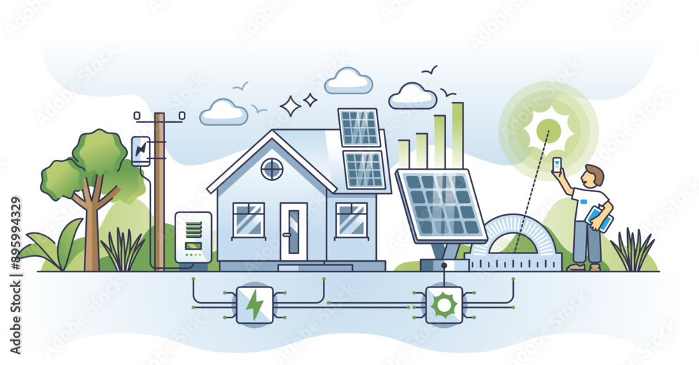Naklejka premium Solar power technology and innovation for effective energy outline concept, transparent background.Smart panels system installation for precise sun angle illustration.