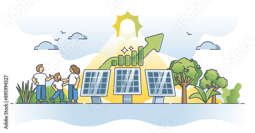 Solar power efficiency with sun panels electricity economy outline concept, transparent background. Alternative energy with nature friendly or renewable technology financial calculation.