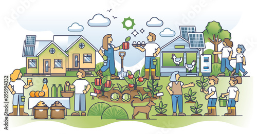 Self sufficient community with local organic food growing outline concept, transparent background. Ecological, sustainable lifestyle.