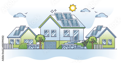 Solar powered residential house with alternative power source outline concept, transparent background. Electricity supply with sun cells as ecological.