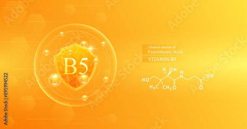 Shield vitamin B5 in dome with orange atom around and chemical structure of Pantothenic Acid. Protect and build immunity healthy. Medical scientific concepts. Banner vector illustration.