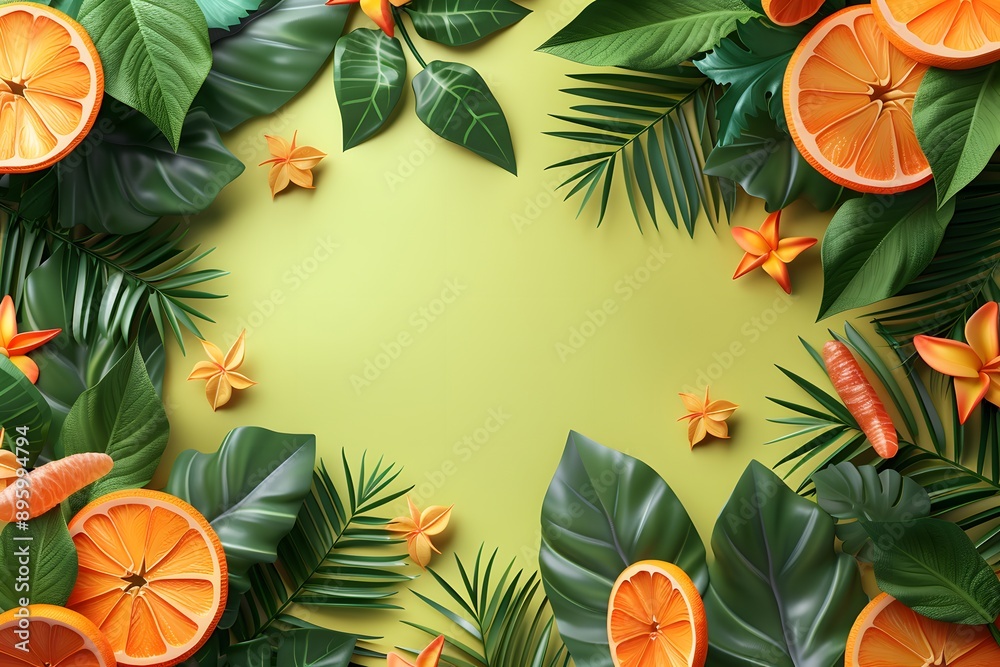 Vibrant Tropical Frame with Oranges and Lush Greenery Vibrant Tropical Frame with Oranges and Lush Greenery