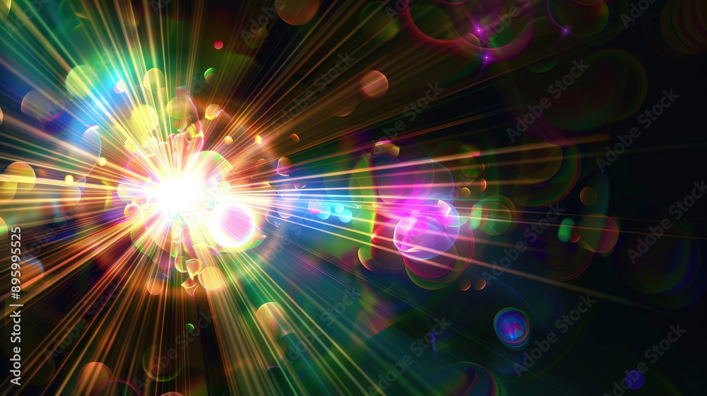 Vibrant Burst of Colorful Light Rays and Bokeh on Dark Background Vibrant Burst of Colorful Light Rays and Bokeh on Dark Background