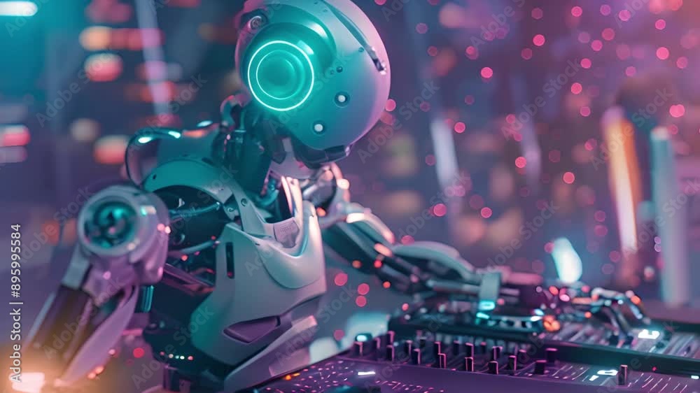 Robotic DJ playing techno music creative animated background