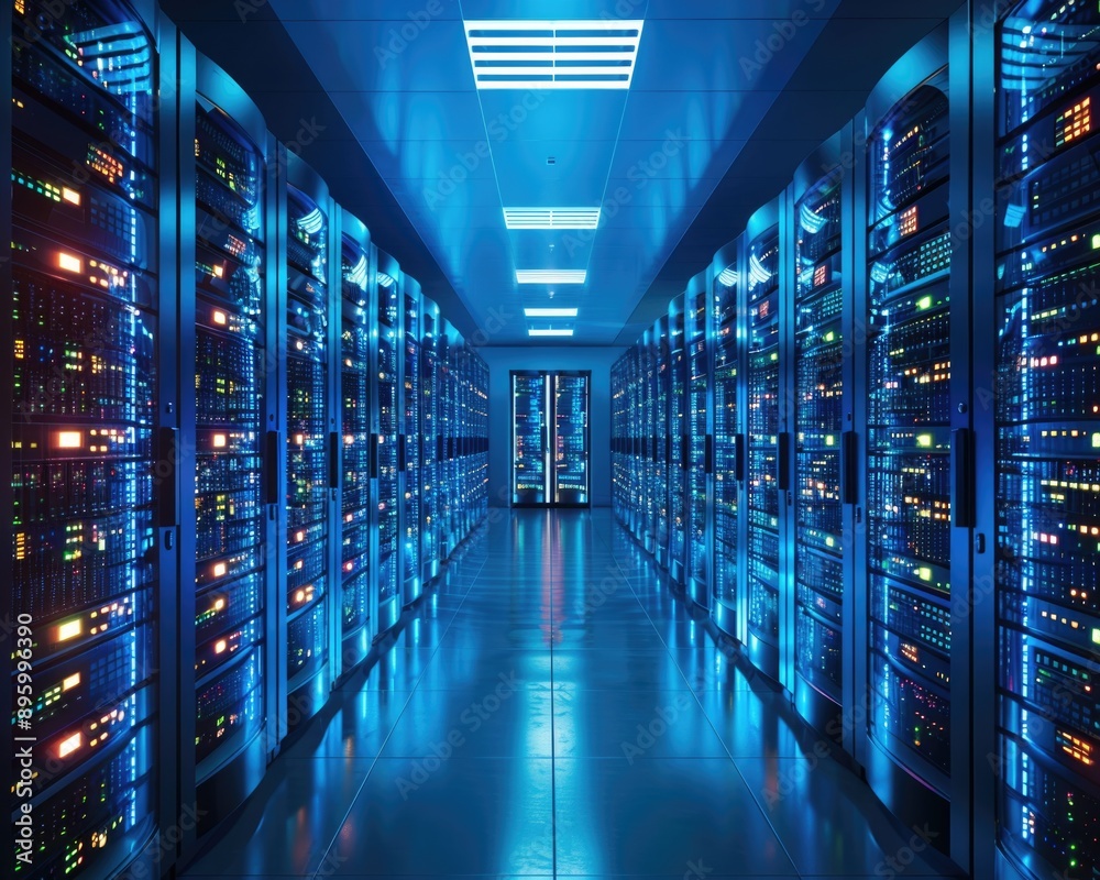 Modern Server Room with High-Tech Equipment for Data Management and Security Modern Server Room with High-Tech Equipment for Data Management and Security