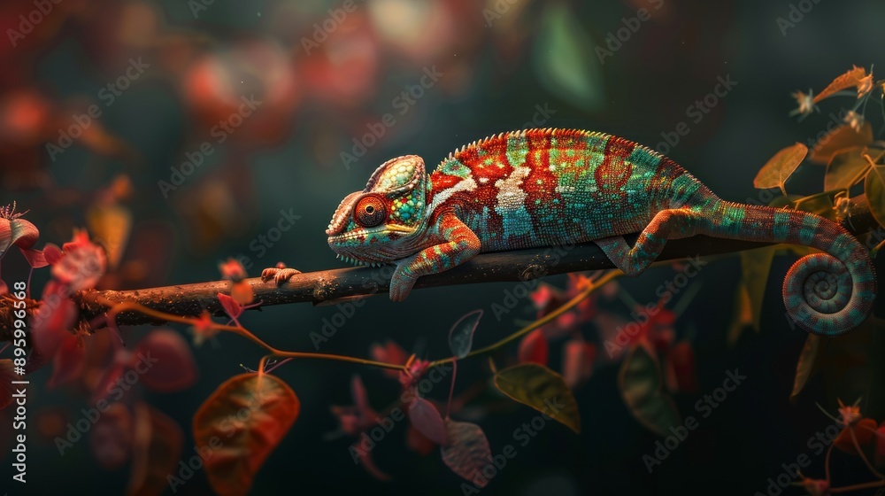 Obraz premium Vibrant chameleon is resting on a branch, camouflaged against a backdrop of colorful foliage.