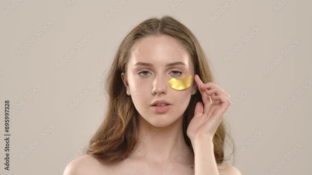 Young woman posing at camera puts an eyepatch under eye, isolated on white background. Natural beauty and skin care concept Young woman posing at camera puts an eyepatch under eye, isolated on white background. Natural beauty and skin care concept