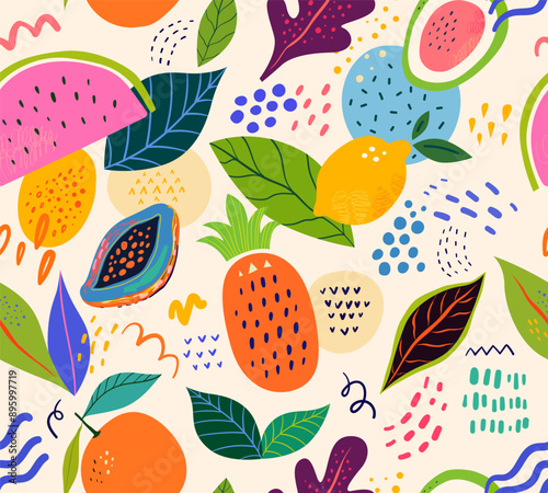 Seamless fresh summer pattern. Seamless pattern with fruits: watermelon, pineapple, lemon, leaves