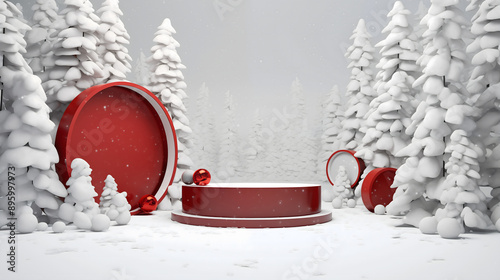 3D scene snow and tree with white podium and white ball with white background.