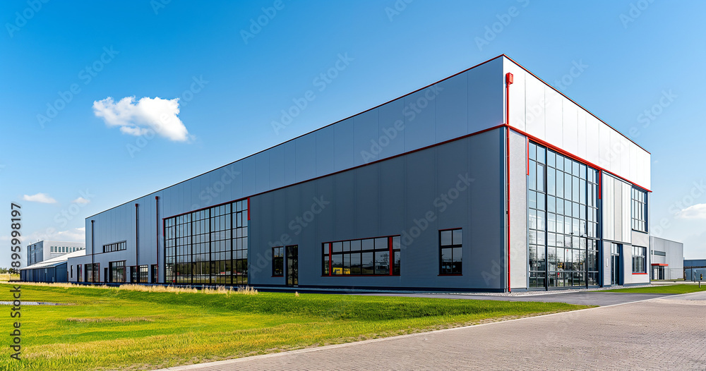 Fototapeta premium Exterior of a gray industrial warehouse dock station with white walls and red edges, surrounded by green grass. Commercial storehouse building, business unit, cargo factory, distribution, logistic bus