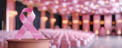 Motivational breast cancer awareness banner with space for text, showcasing a podium with a pink ribbon and a blurred background of an event hall