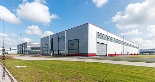 Exterior of a gray industrial warehouse dock station with white walls and red edges, surrounded by green grass. Commercial storehouse building, business unit, cargo factory, distribution, logistic bus