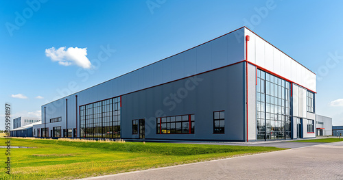 Exterior of a gray industrial warehouse dock station with white walls and red edges, surrounded by green grass. Commercial storehouse building, business unit, cargo factory, distribution, logistic bus © Lahiru