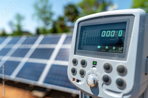 A close-up of a solar power monitor displaying data against a backdrop of solar panels and lush greenery.