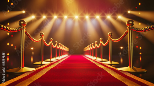 Luxury red carpet and golden stands with ropes on the background of spotlights. movie theatre concepts.