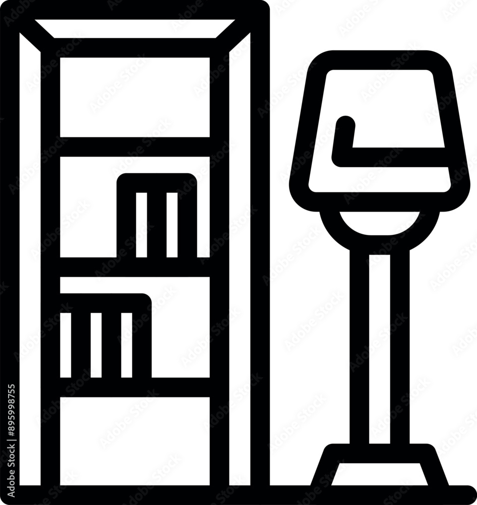 Simple line icon of a bookcase and a floor lamp, perfect for representing a cozy reading nook or a home library Simple line icon of a bookcase and a floor lamp, perfect for representing a cozy reading nook or a home library