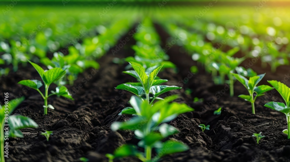 A vibrant agricultural field showcasing rows of healthy green plants thriving in rich, dark soil under bright sunlight. A vibrant agricultural field showcasing rows of healthy green plants thriving in rich, dark soil under bright sunlight.