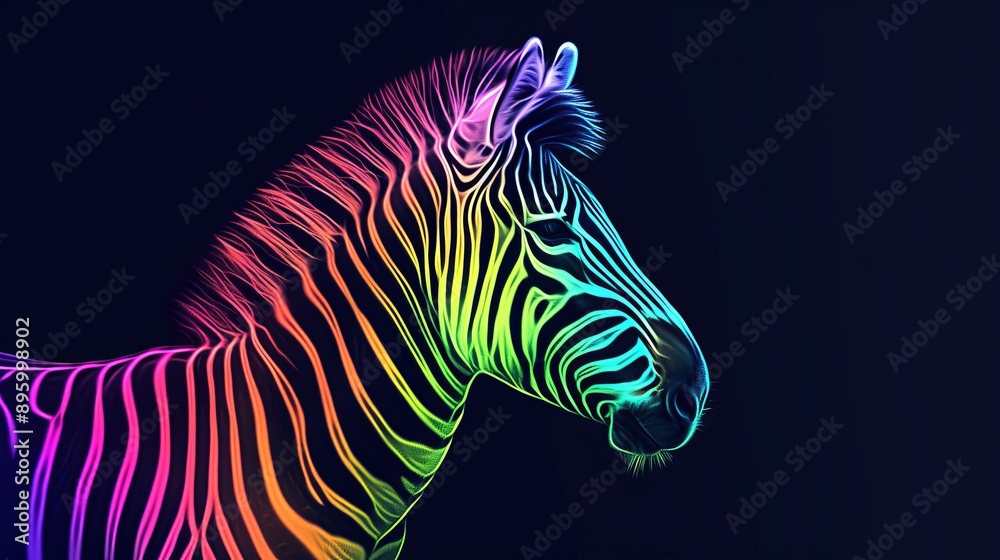 Fototapeta premium Neon colored zebra on dark background, abstract art. Digital illustration and modern art concept