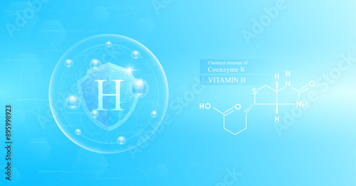 Shield vitamin H in dome with blue atom around and chemical structure of Coenzyme R. Protect and build immunity healthy. Medical scientific concepts. Banner vector illustration.