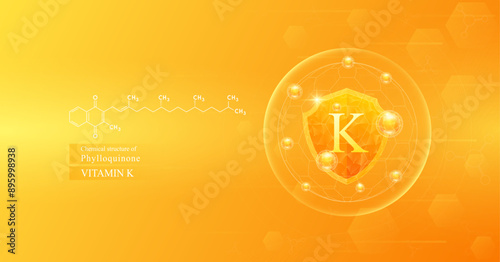 Shield vitamin K in dome with orange atom around and chemical structure. Protect and build immunity healthy. Medical scientific concepts. Banner vector illustration.