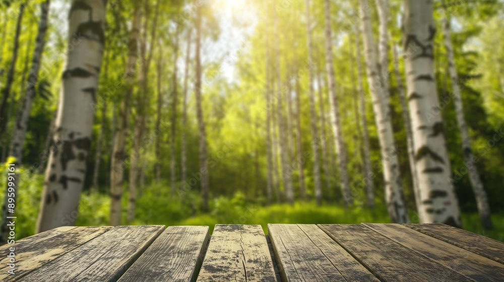 close up of empty wooden table with blurred birch forest background