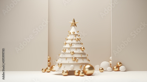 A golden Christmas tree decorated with ornaments and baubles
