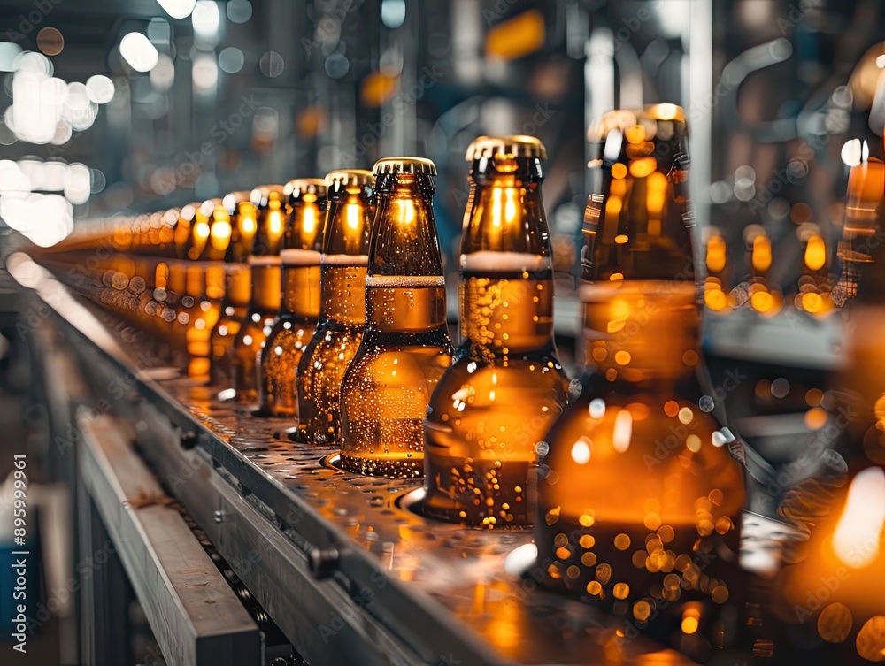 Bottles of beer on a conveyor belt in a factory Bottles of beer on a conveyor belt in a factory