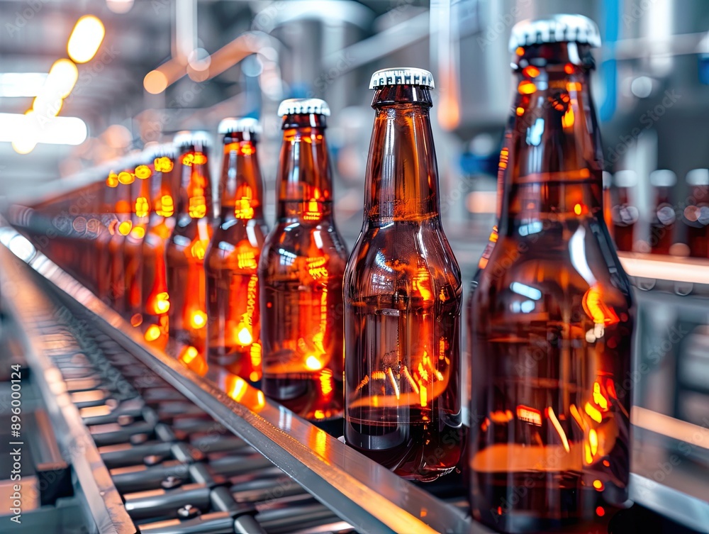 Bottles of beer on a conveyor belt in a factory Bottles of beer on a conveyor belt in a factory