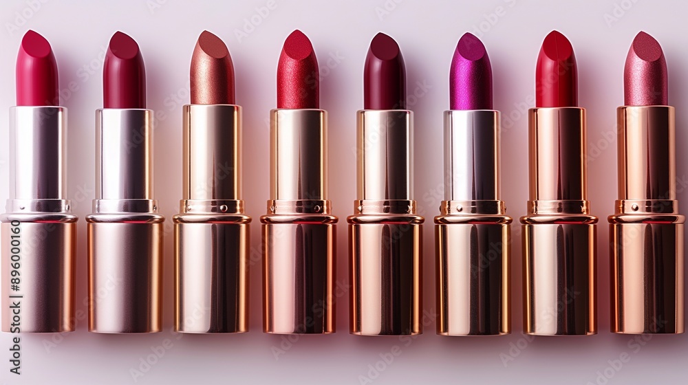 Obraz premium A range of lipsticks in various shades isolated on a white background, each with its cap removed