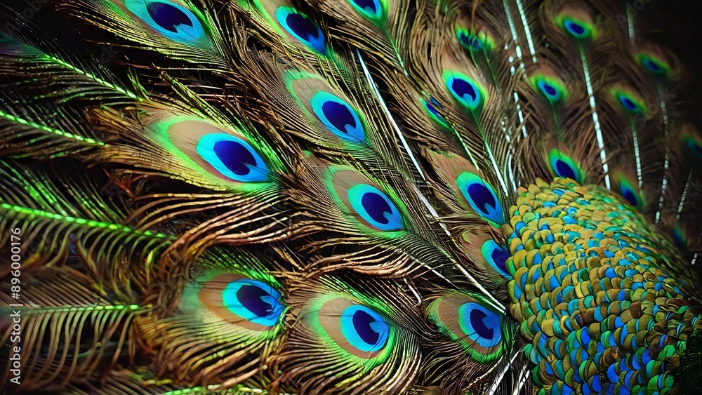 Obraz premium Colorful peacock feathers texture background, closeup, wallpaper